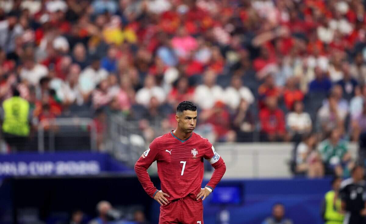 Portugal forward Cristiano Ronaldo reacts during the first half of the 2026 FIFA World Cup round of 16 match against Spain on Monday, July 6, 2026, at Dallas Stadium in Arlington.